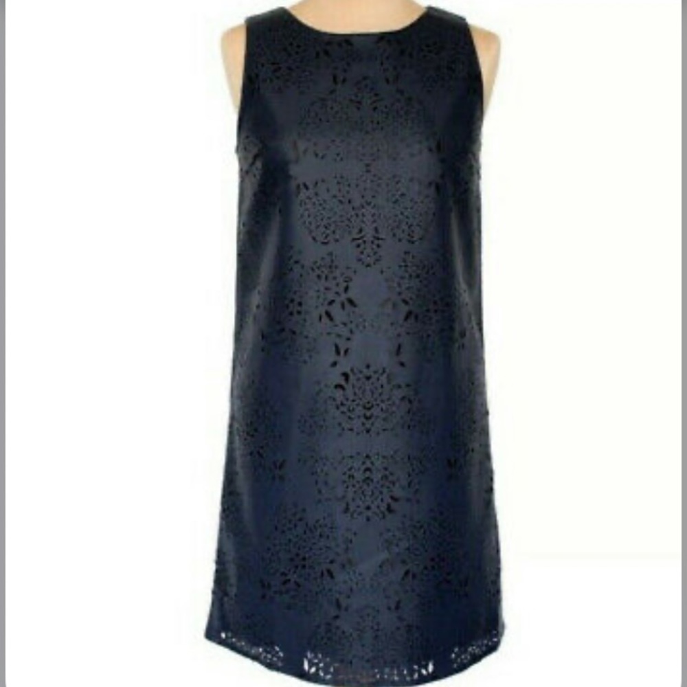 Topshop Navy lasercut leather shift dress sleeveless US 6